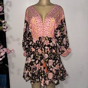Black V Neck 3/4 Sleeves Floral Dress